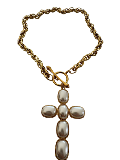 Maxi Chic Pearl Cross Choker Necklaces - Elegant Gold Chain & Pearl Pendant Fashion Jewelry for Women
