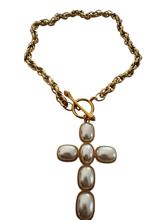 Maxi Chic Pearl Cross Choker Necklaces - Elegant Gold Chain & Pearl Pendant Fashion Jewelry for Women