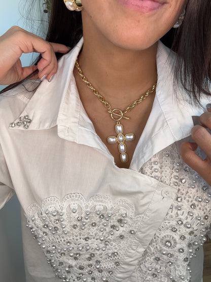 Maxi Chic Pearl Cross Choker Necklaces - Elegant Gold Chain & Pearl Pendant Fashion Jewelry for Women