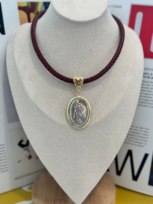 San judas St Jude burgundy cuerina choker