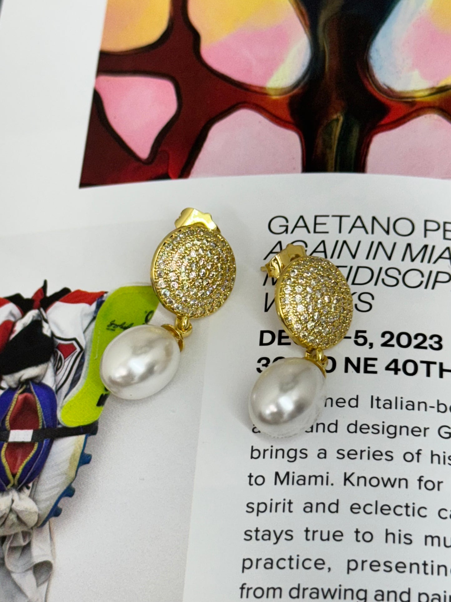 Pave and pearl dangle earrings