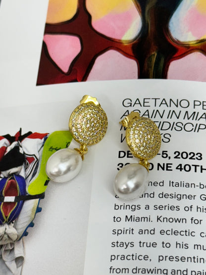 Pave and pearl dangle earrings
