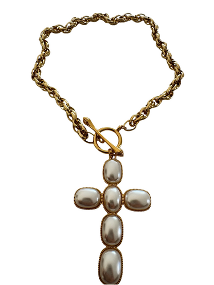 Maxi Chic Pearl Cross Choker Necklaces - Elegant Gold Chain & Pearl Pendant Fashion Jewelry for Women