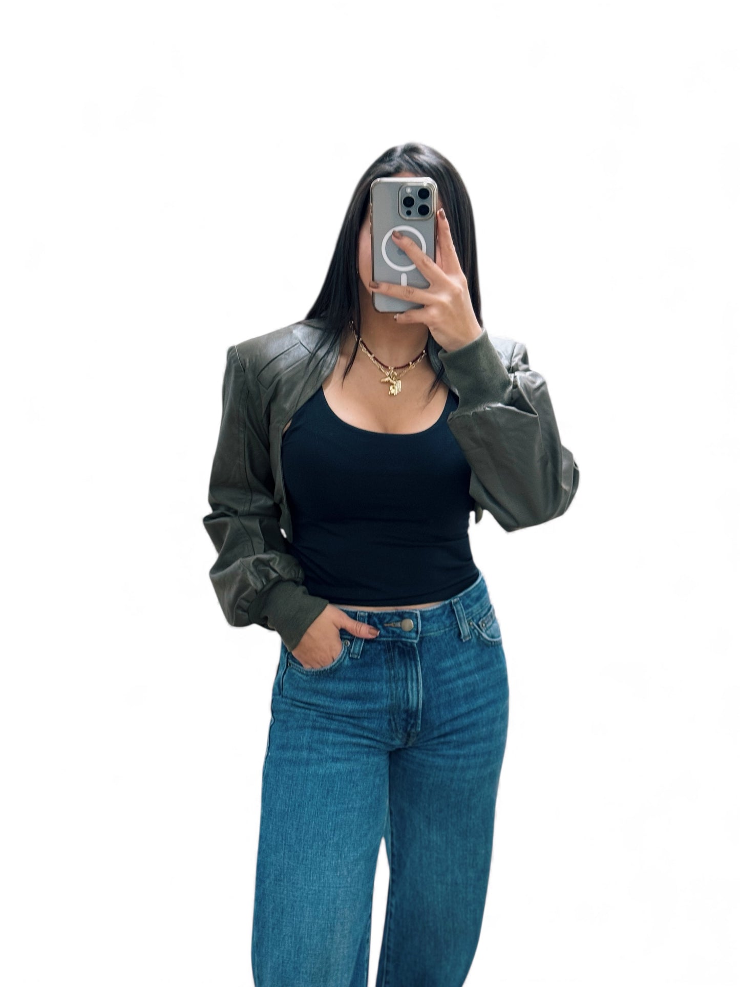 Coolest olive Crop leather jacket