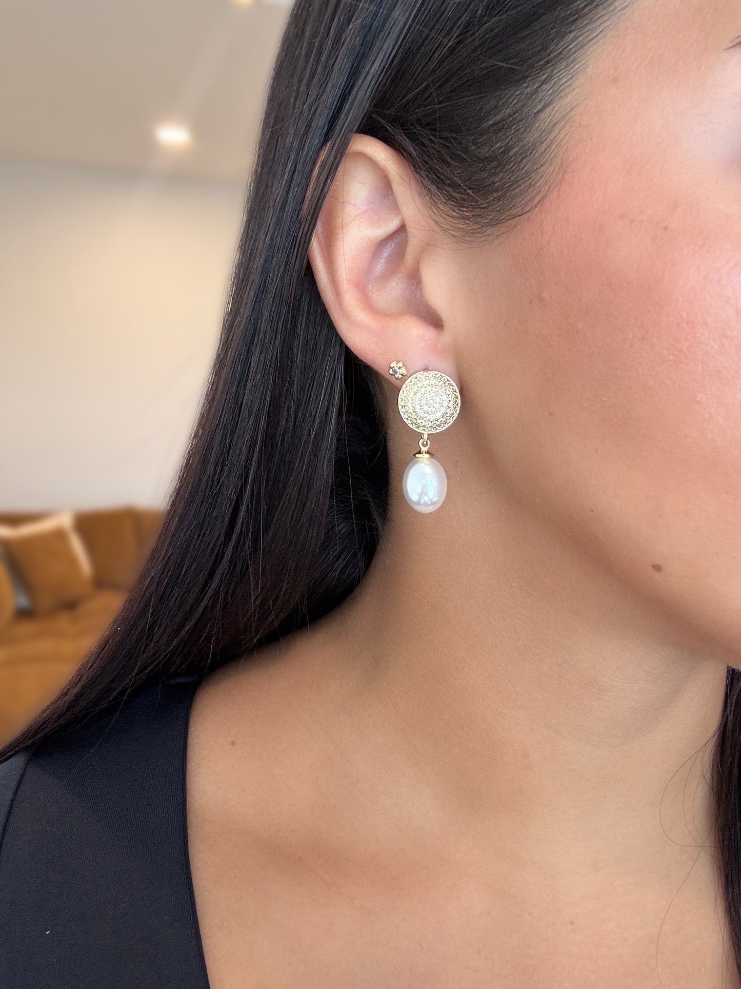 Pave and pearl dangle earrings
